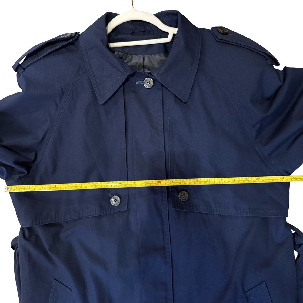 Image Navy Belted Trench Coat Size L or XL Classic Minimalist Outerwear - Picture 9 of 15